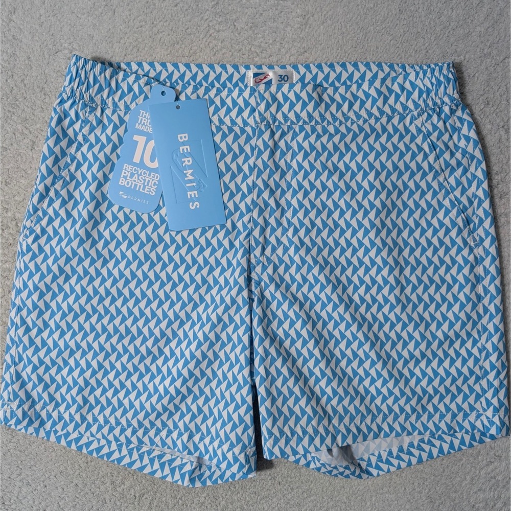 Bermies Swim Trunks Mens 30/6 Blue Geometric Triangle Stretch Tailored Liner $65